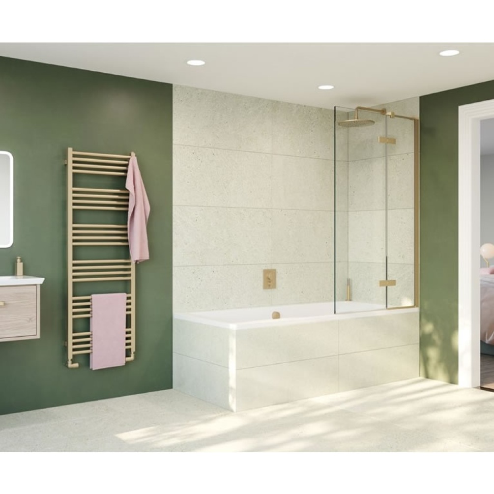 Lifestyle image of Crosswater Optix 10 Brushed Brass 180° Hinged Inline Shower Screen